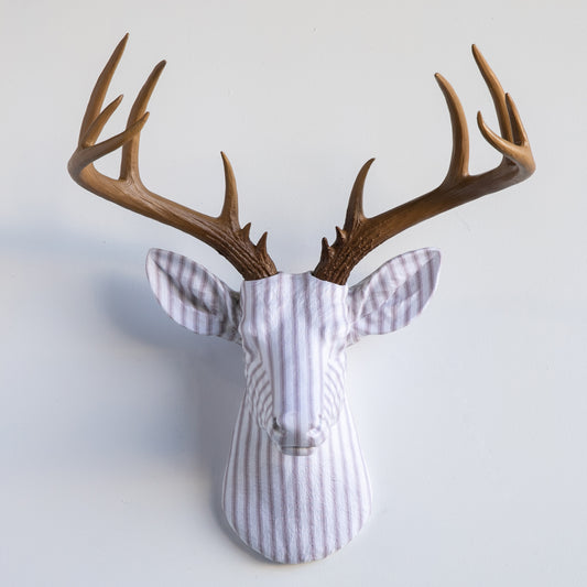 Fabric Deer Head - Taupe Ticking Stripe Fabric Deer Head