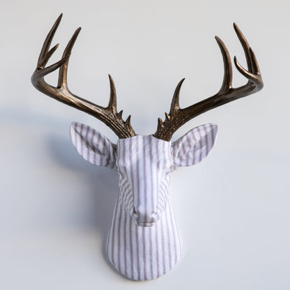 Fabric Deer Head - Taupe Ticking Stripe Fabric Deer Head