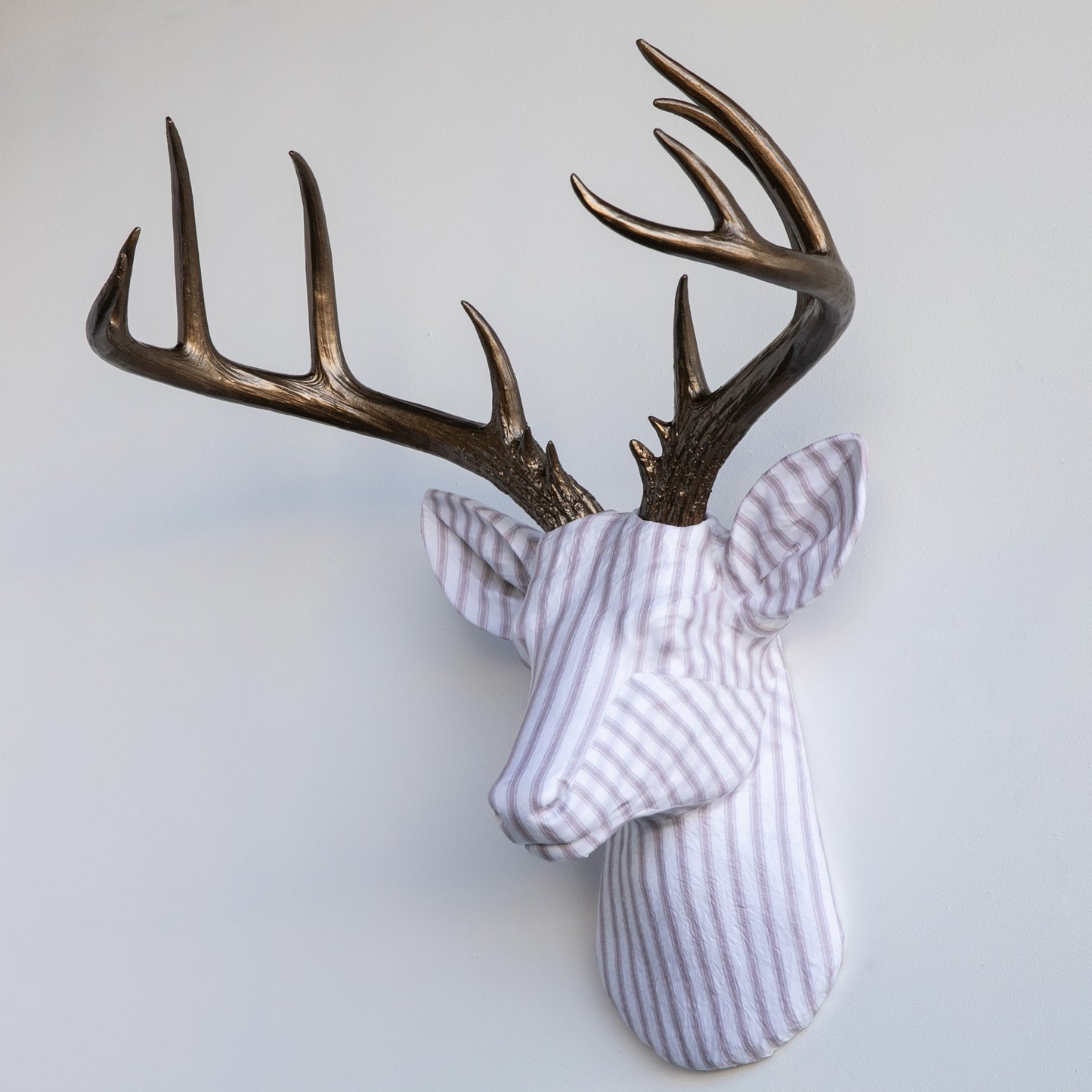 Fabric Deer Head - Taupe Ticking Stripe Fabric Deer Head