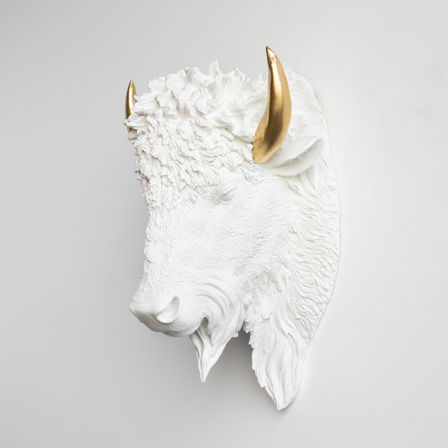 Faux Buffalo Bison Head Wall Mount // White with Gold Horns