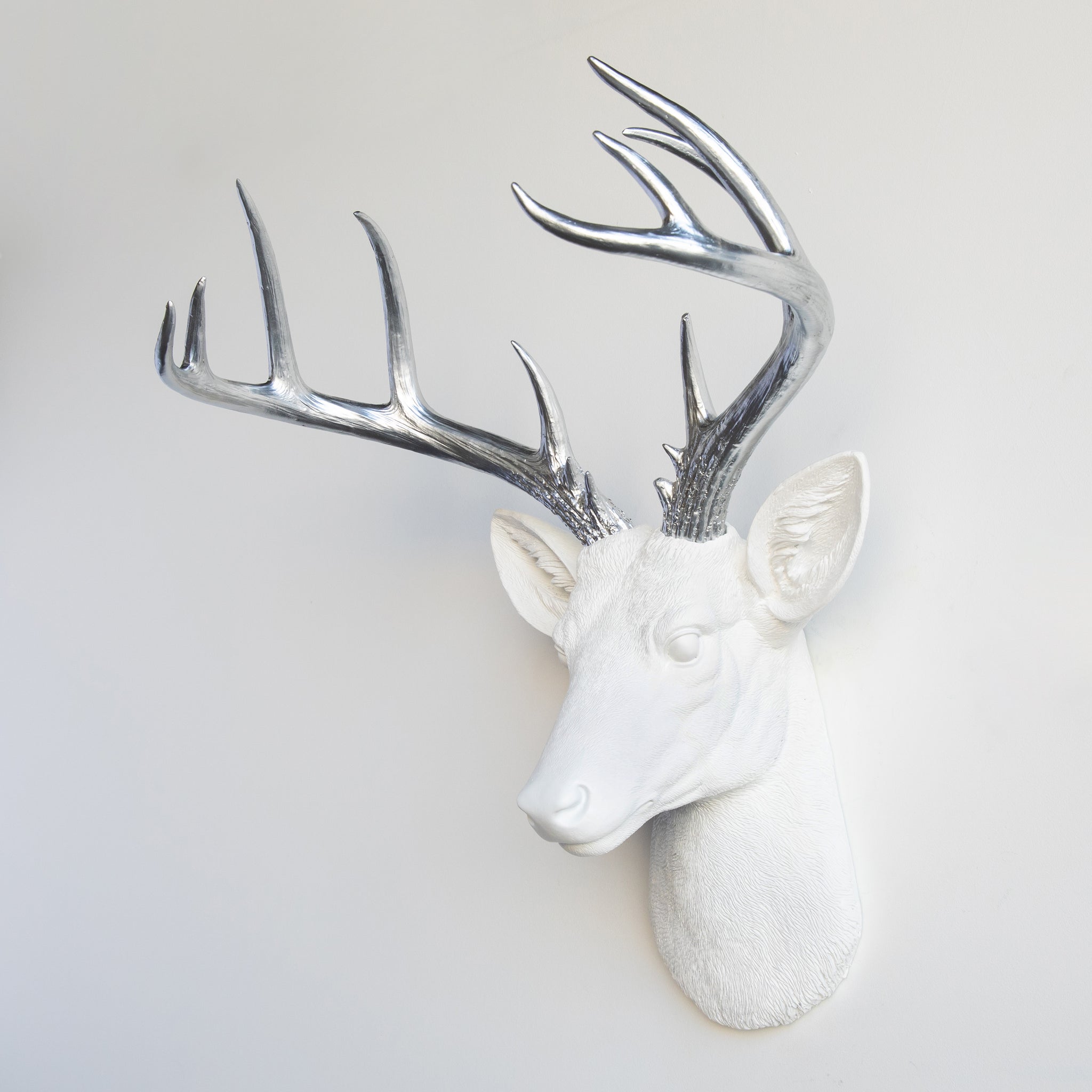 Faux Stag Deer Head Wall Mount // White and Silver