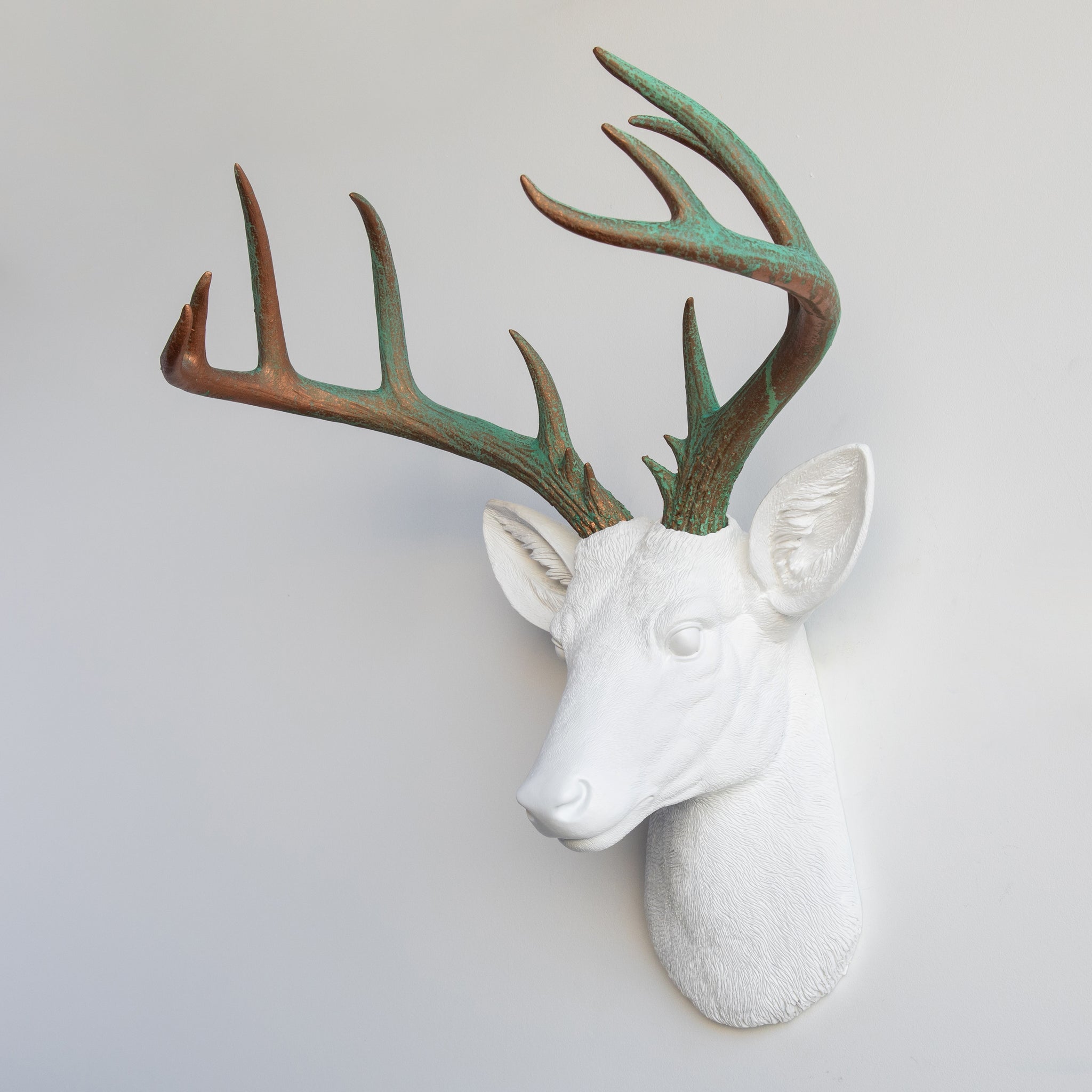 Faux Stag Deer Head Wall Mount // White and Copper Patina