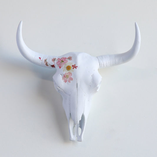 Faux Bison Skull // White with Pressed Flowers