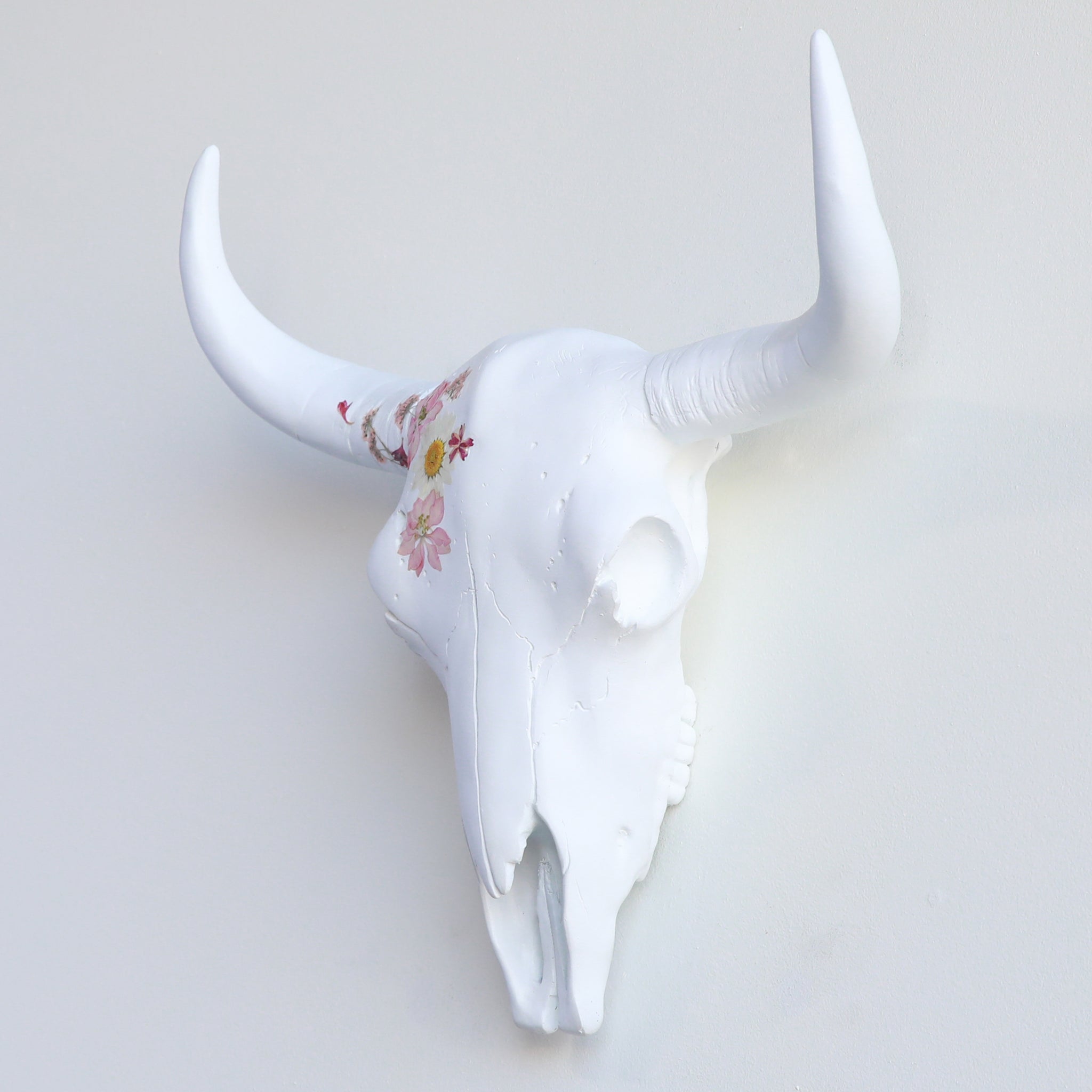 Faux Bison Skull // White with Pressed Flowers