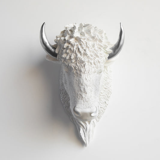 Faux Buffalo Bison Head Wall Mount // White with Silver Horns