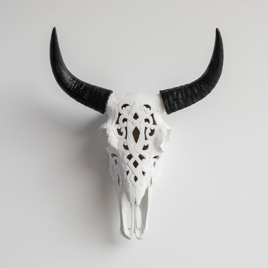 Faux Carved Cow Skull // White and Black
