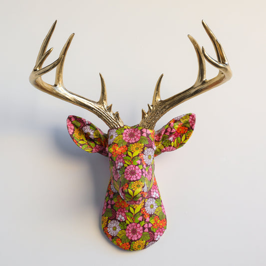 Fabric Deer Head - Vibrant 70s Floral Pattern Fabric Deer Head