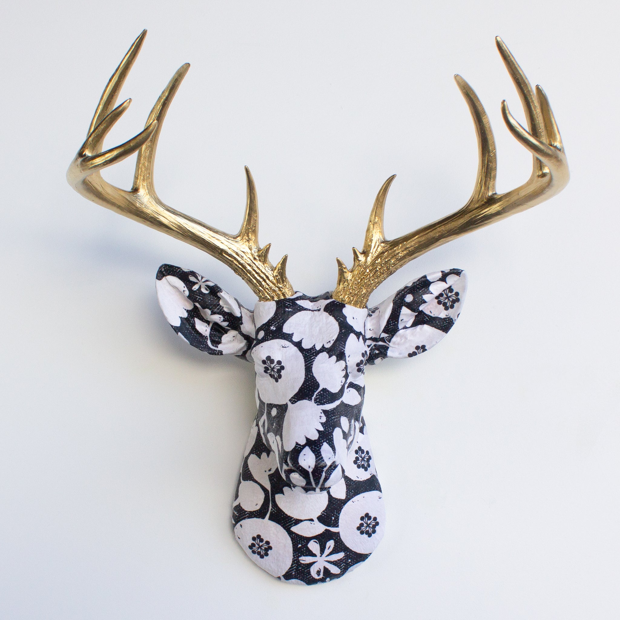 Fabric Deer Head - Black and White Flower Pattern Fabric Deer Head - Gold Antlers- Faux Taxidermy Deer Head Wall Mount