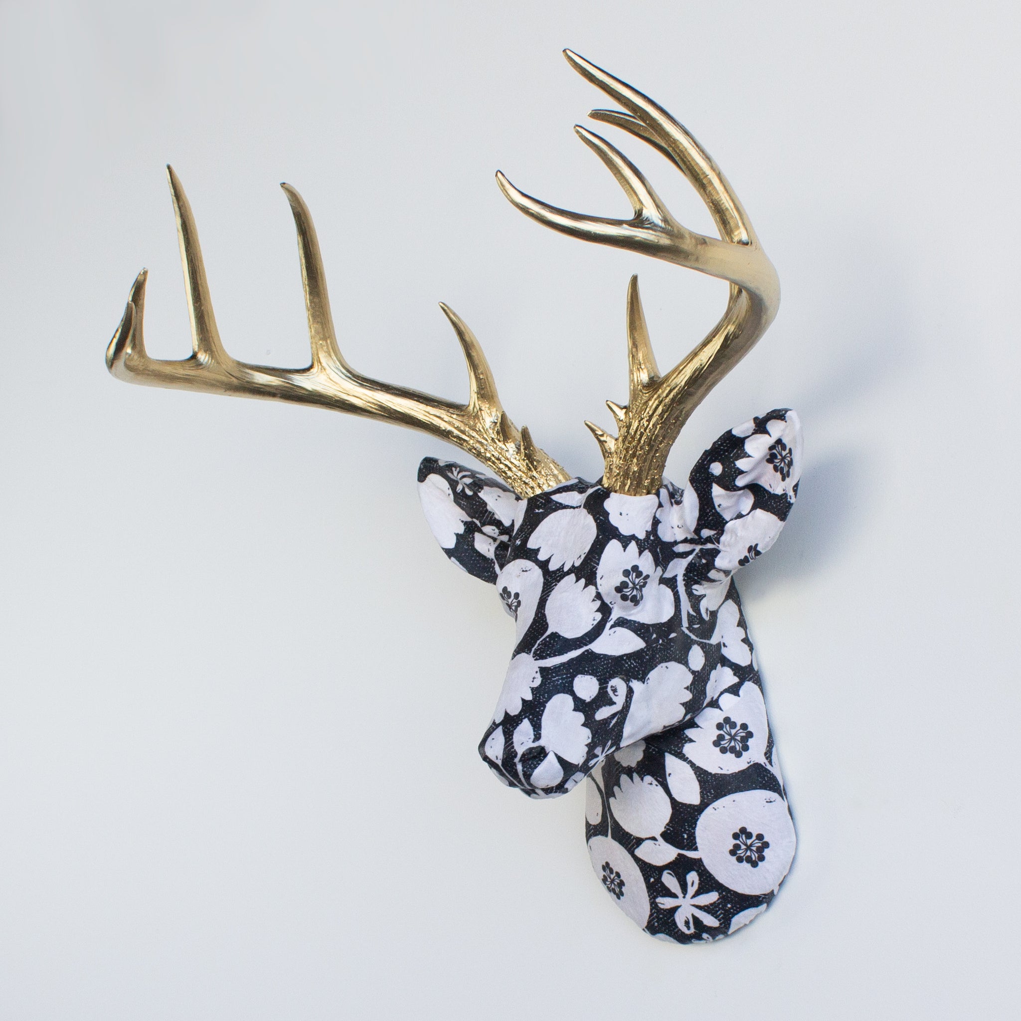 Fabric Deer Head - Black and White Flower Pattern Fabric Deer Head - Gold Antlers- Faux Taxidermy Deer Head Wall Mount