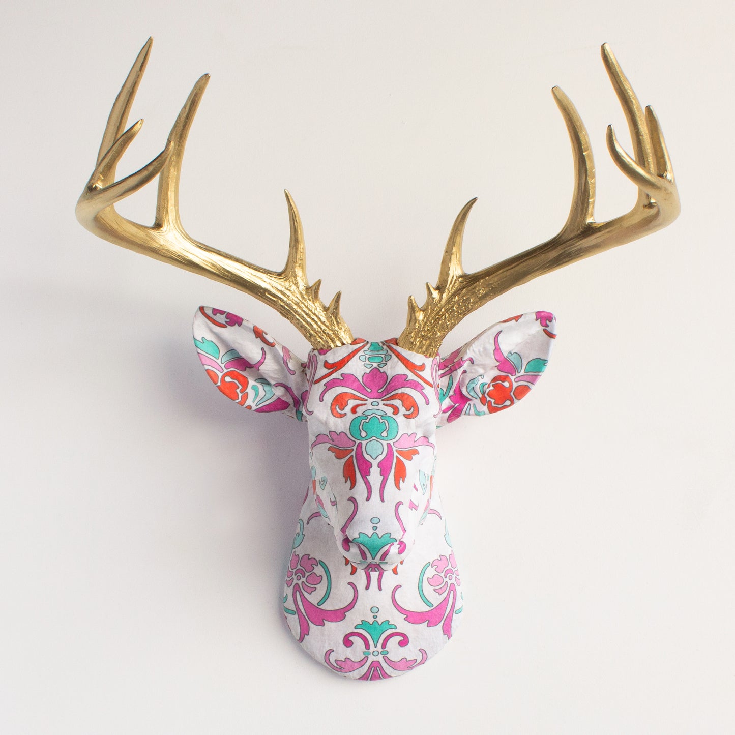 The Victorian Damask Fabric Deer Head // Gold Antlers