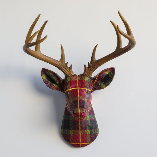 Faux Fabric Deer Head // Red Plaid with Natural Antlers