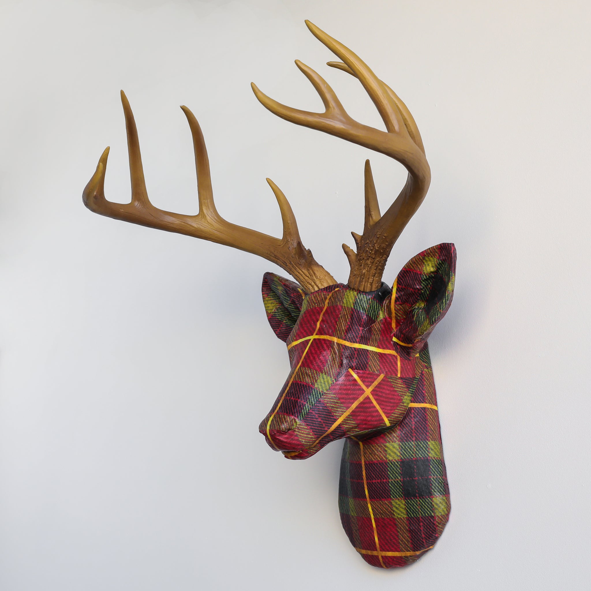 Faux Fabric Deer Head // Red Plaid with Natural Antlers