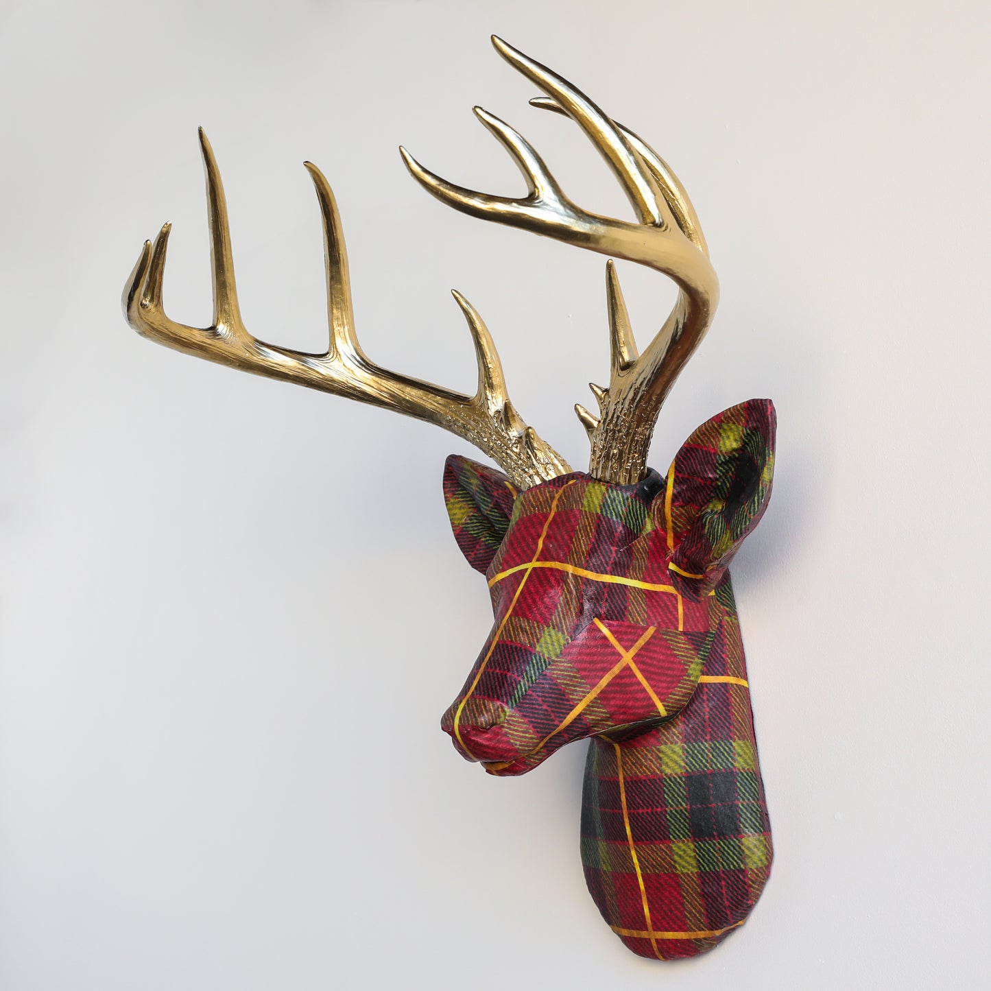 Faux Fabric Deer Head // Red Plaid with Gold Antlers