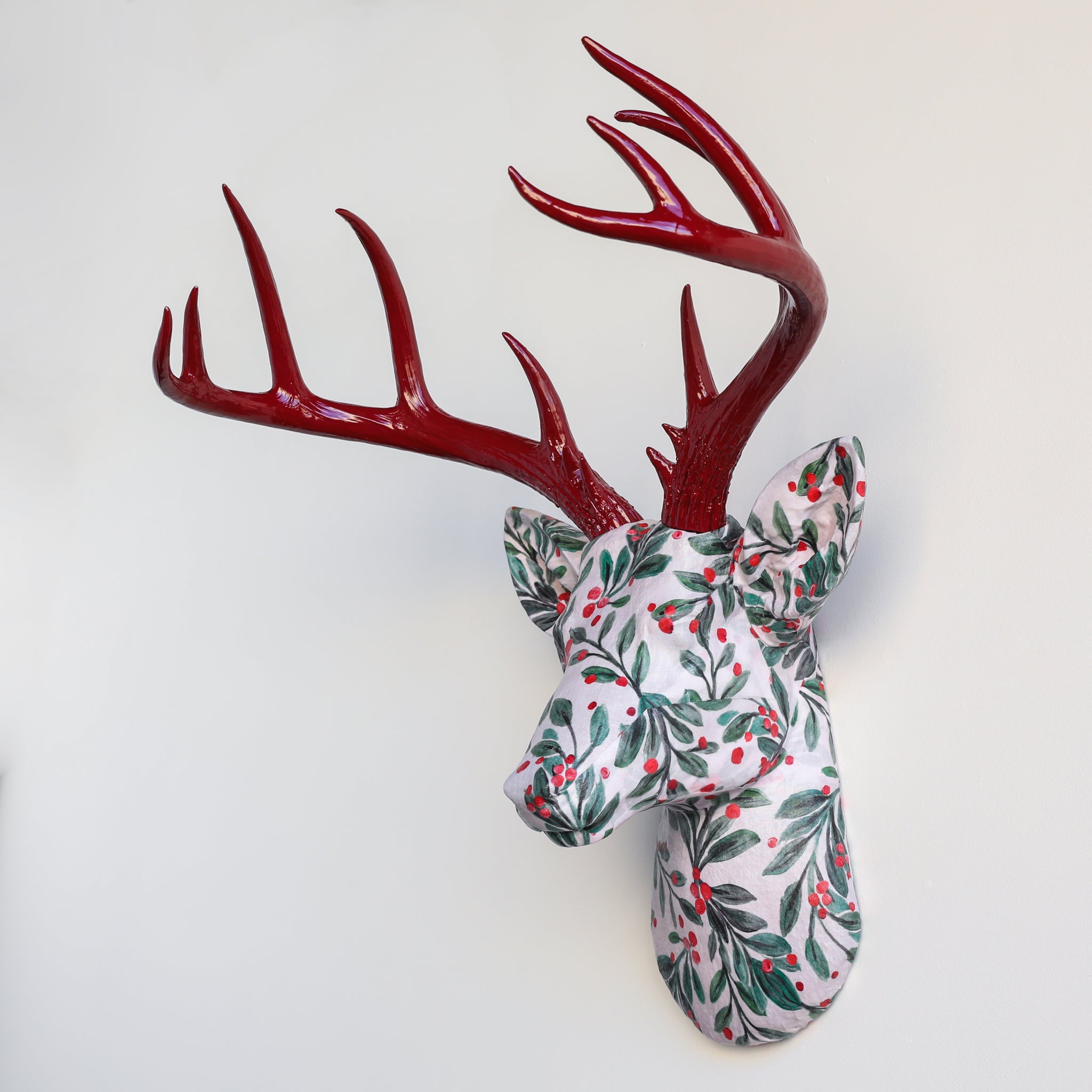 Fabric Deer Head - Christmas Mistletoe and Berries Fabric Deer Head