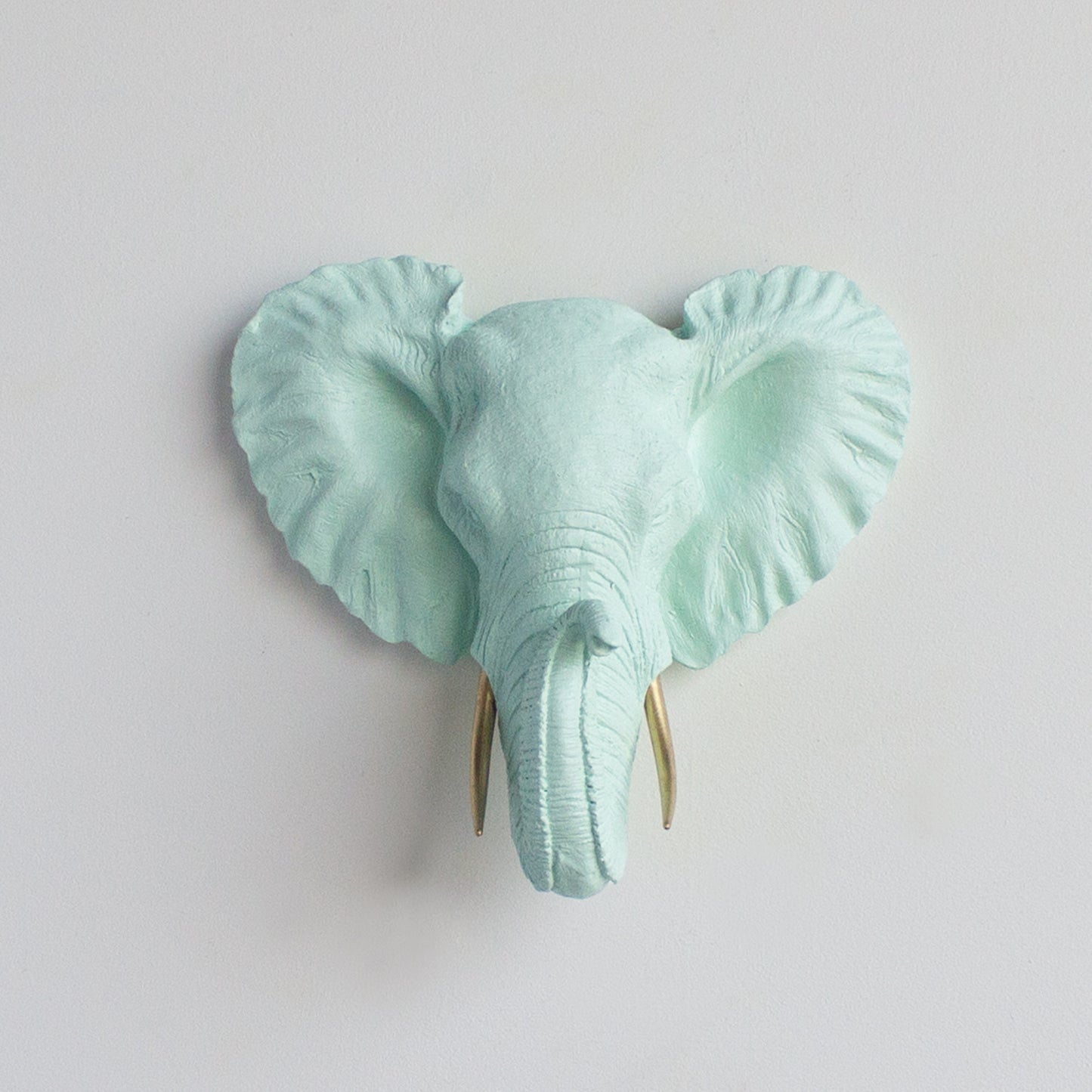 Faux Small Elephant Wall Mount // Seafoam Green with Gold Tusks