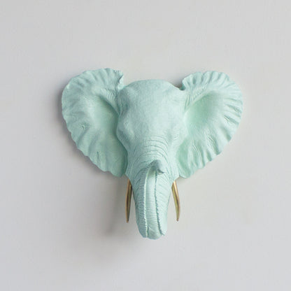 Faux Small Elephant Wall Mount // Seafoam Green with Gold Tusks
