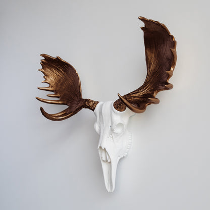 Faux Moose Skull Wall Mount // White and Bronze