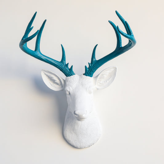 Faux Stag Deer Head Wall Mount // White and Teal