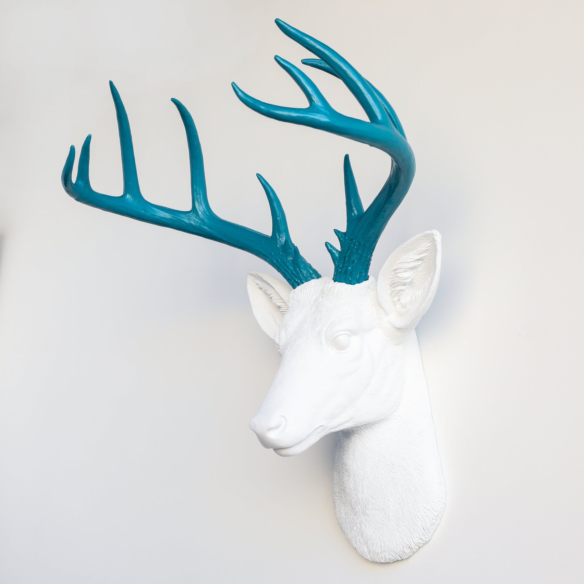 Faux Stag Deer Head Wall Mount // White and Teal