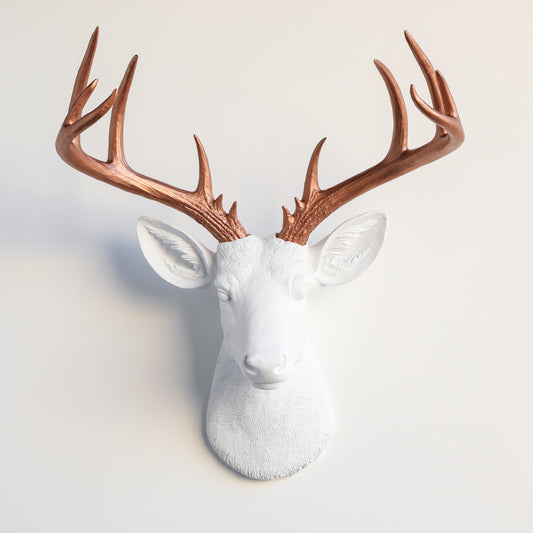 Faux Stag Deer Head Wall Mount // White and Antique Copper