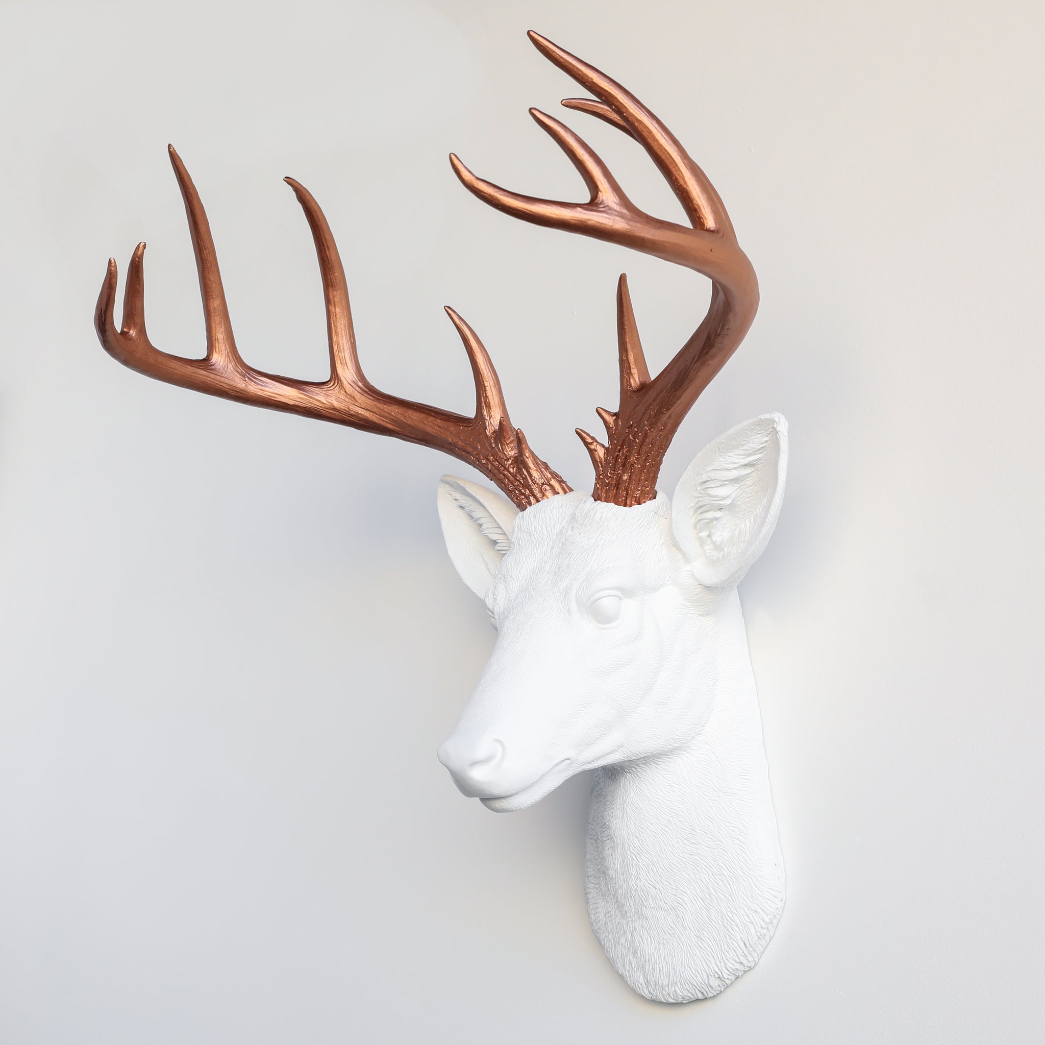 Faux Stag Deer Head Wall Mount // White and Antique Copper