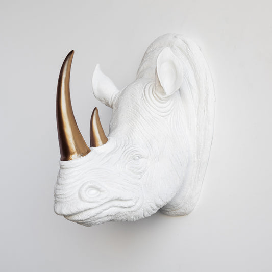 Faux Rhino Head Wall Mount // White with Bronze Horn