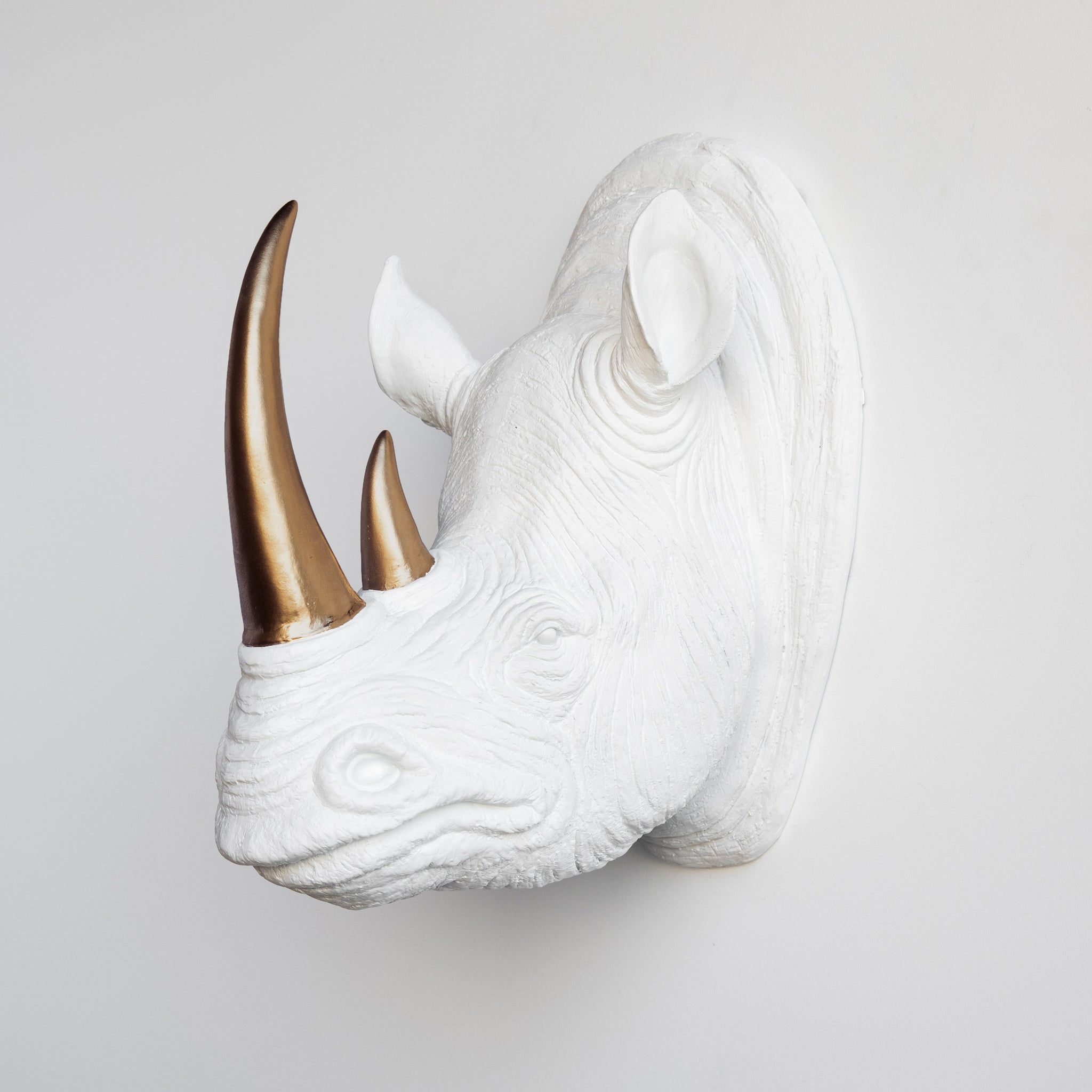 Faux Rhino Head Wall Mount // White with Bronze Horn