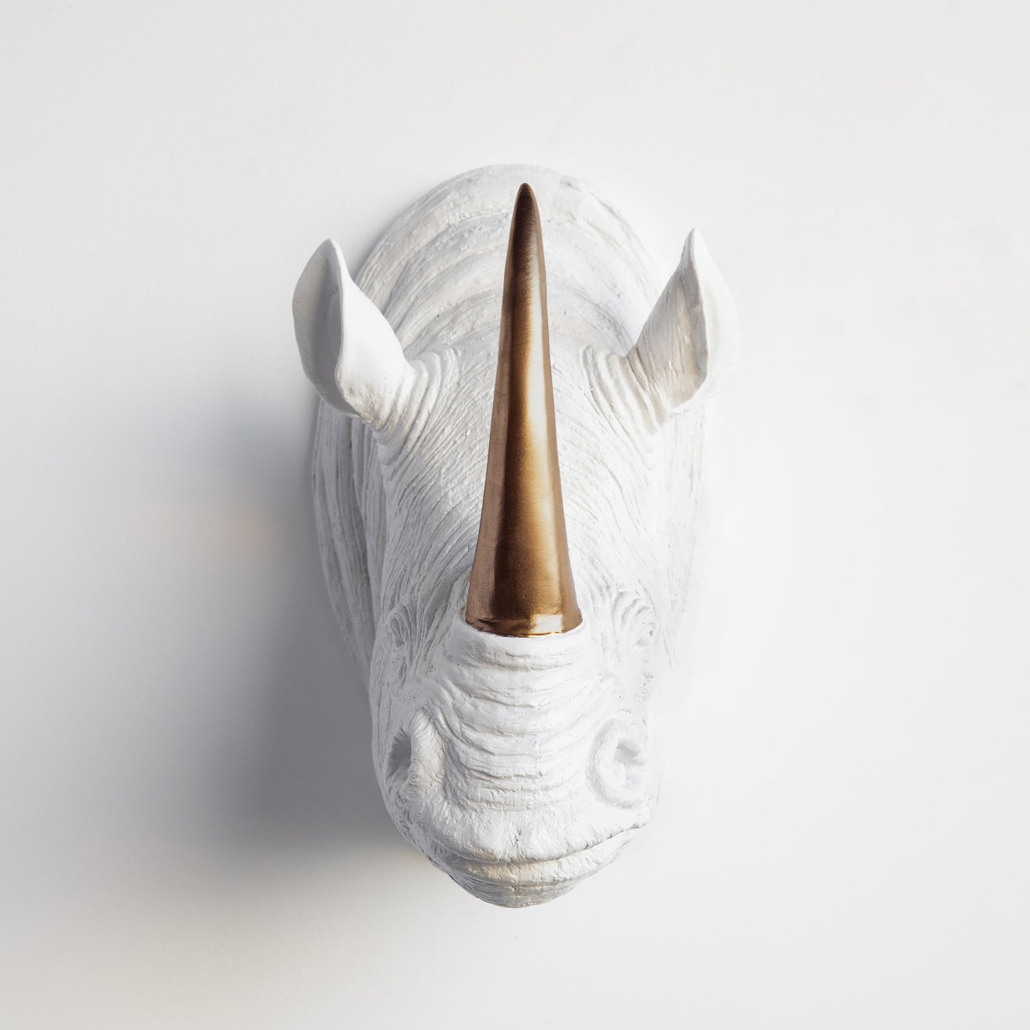 Faux Rhino Head Wall Mount // White with Bronze Horn