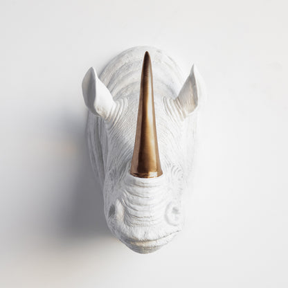 Faux Rhino Head Wall Mount // White with Bronze Horn