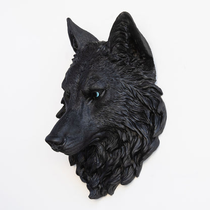 Faux Wolf Head Wall Mount // Black with Blue Eyes