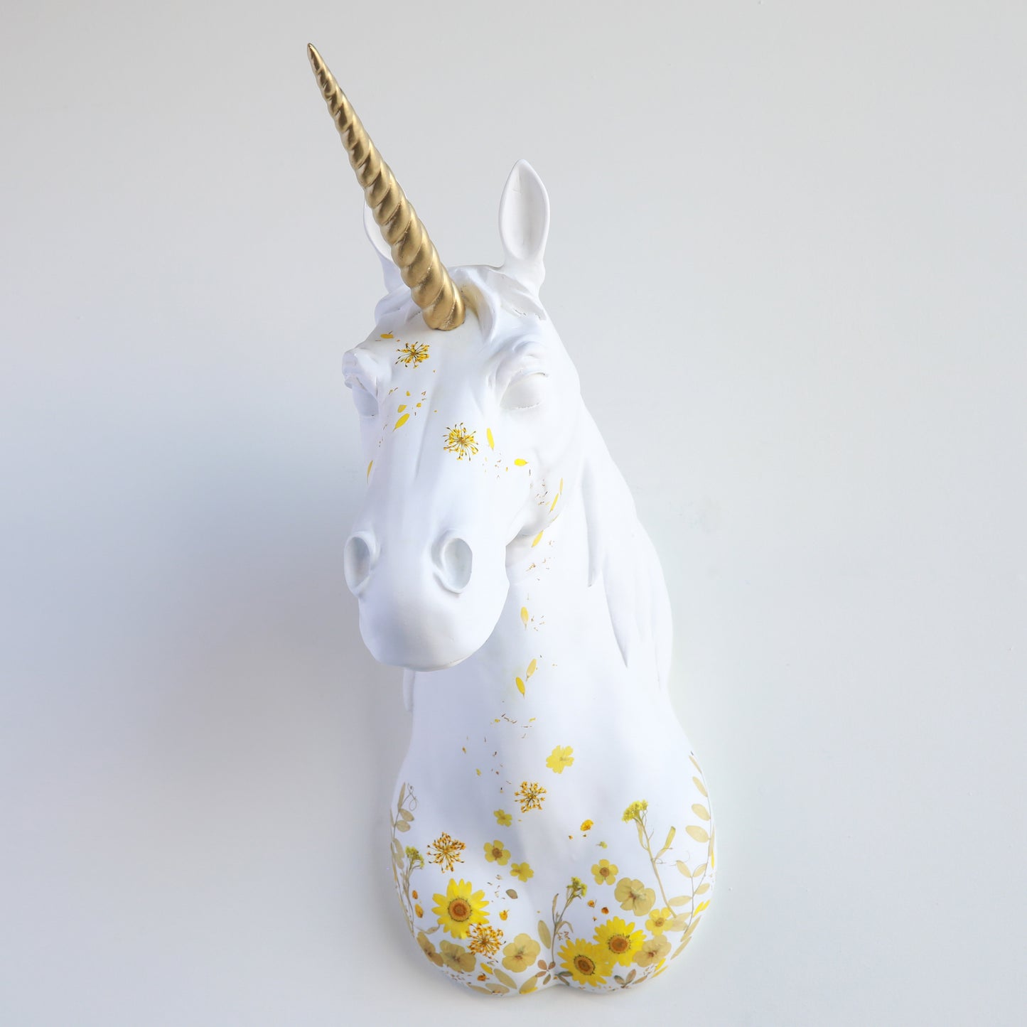 XL Unicorn Head Wall Mount // White and Gold with Pressed Flowers