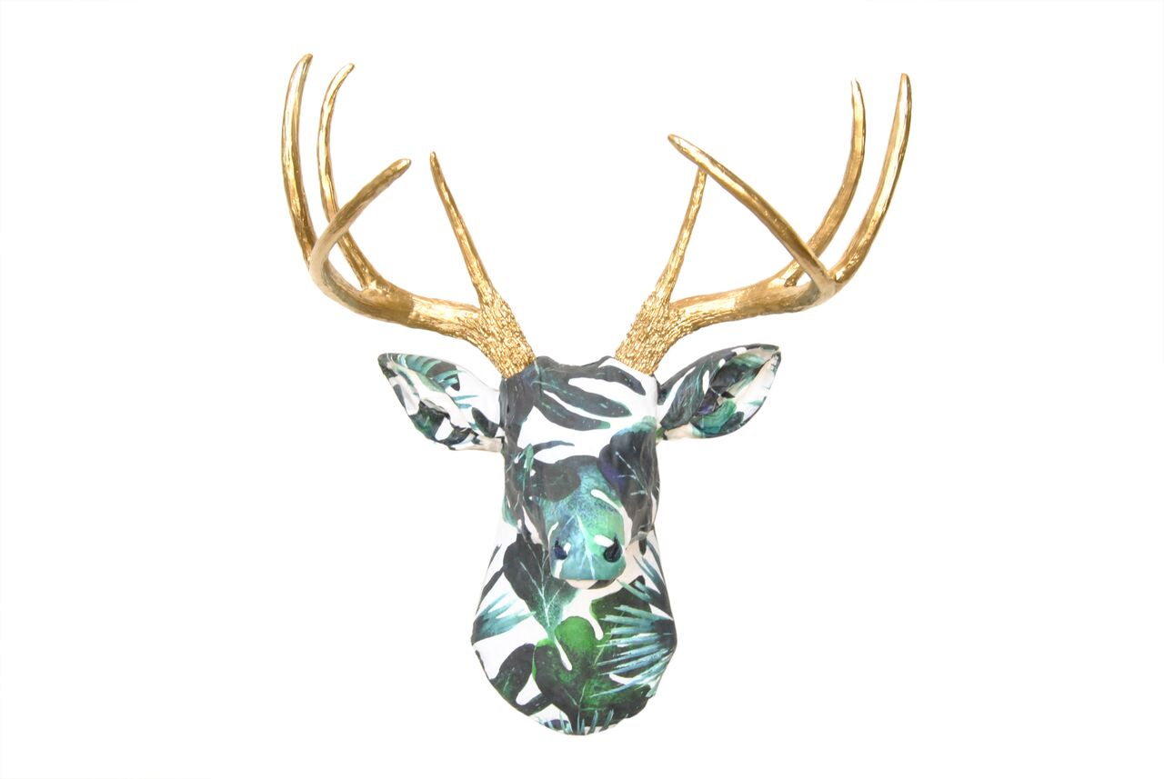 Faux Fabric Deer Head Wall Mount - White and Green Exotic Leaf Pattern Fabric With Gold Antlers - Trendy Home Decor Wall Mount