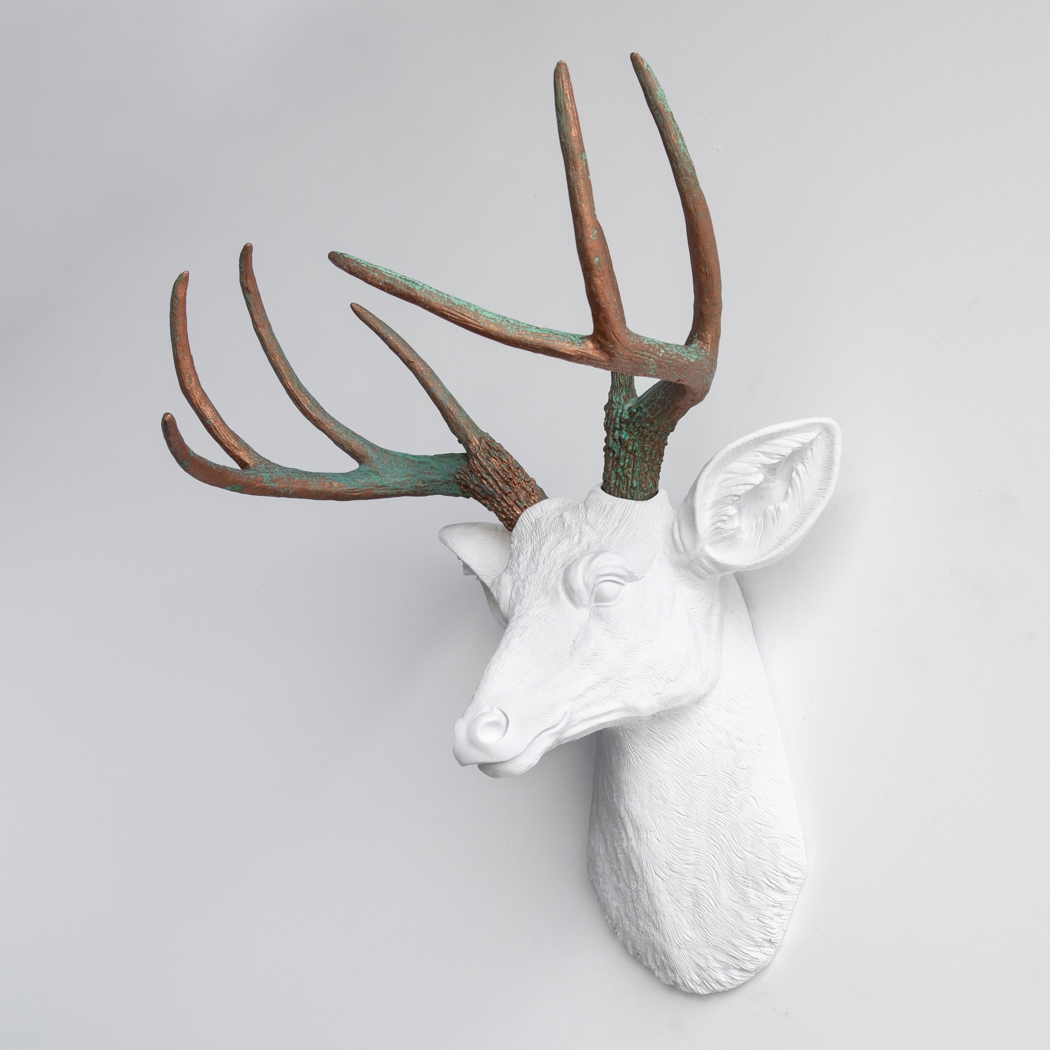 Faux Deer Head Wall Mount // White and Copper Patina