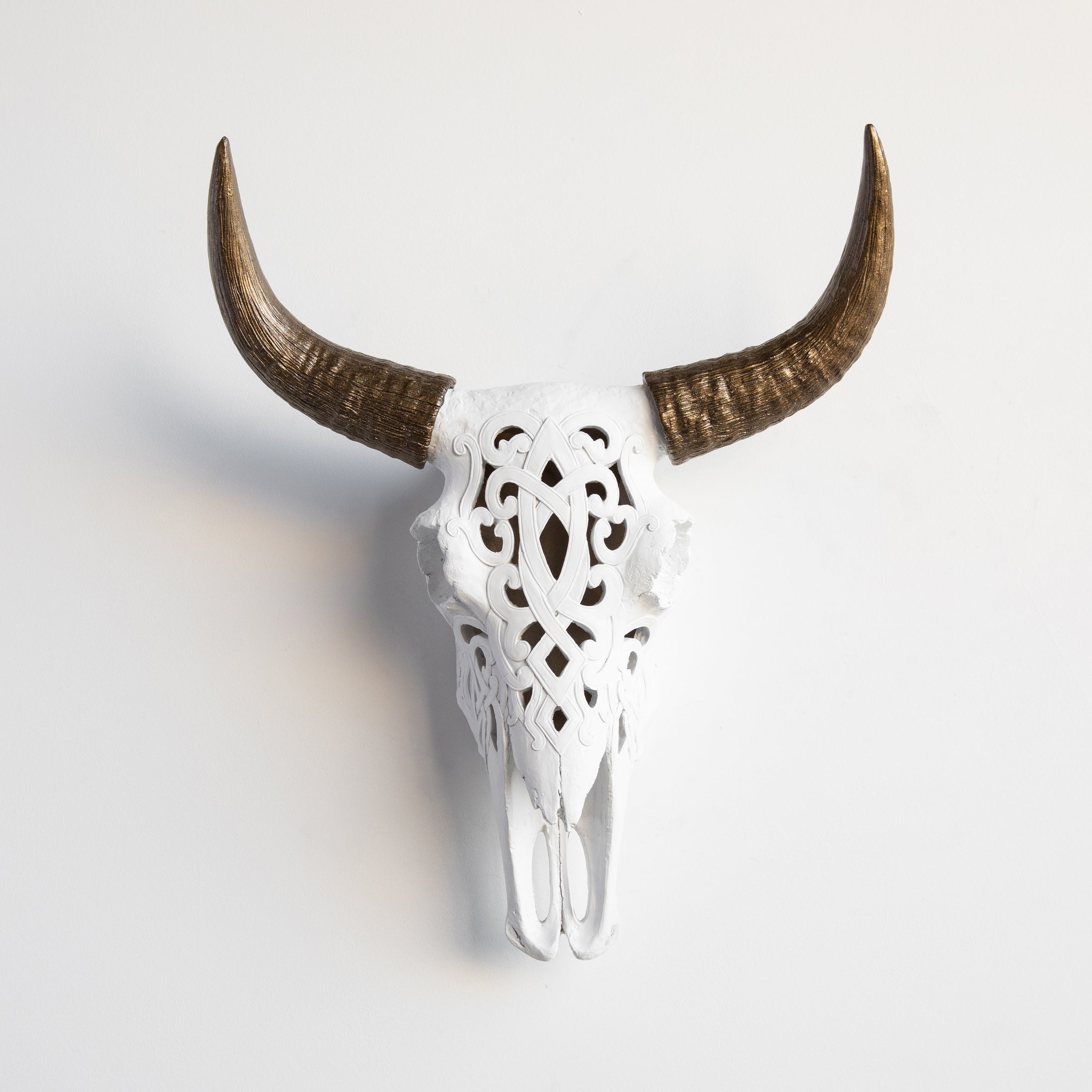 Faux Carved Cow Skull // White and Bronze