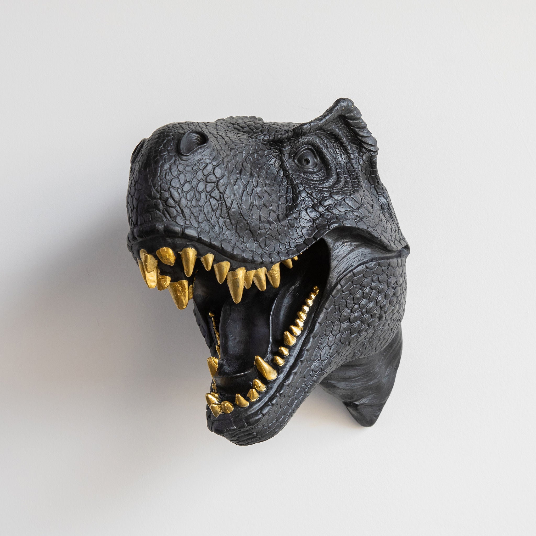 T-Rex Dinosaur Head Wall Mount // Black with Gold Teeth