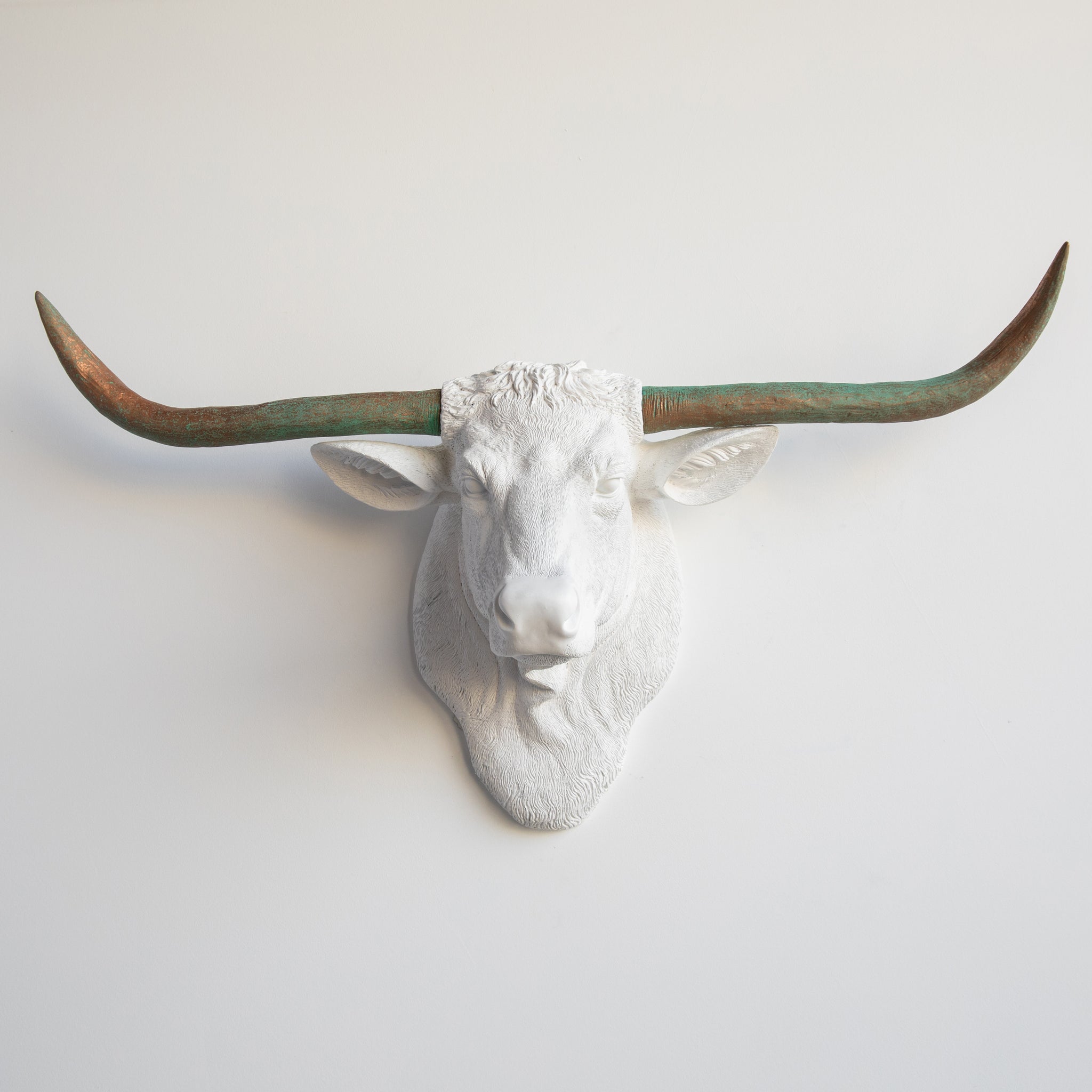 Faux Texas Longhorn Head Wall Mount // White and Copper Patina