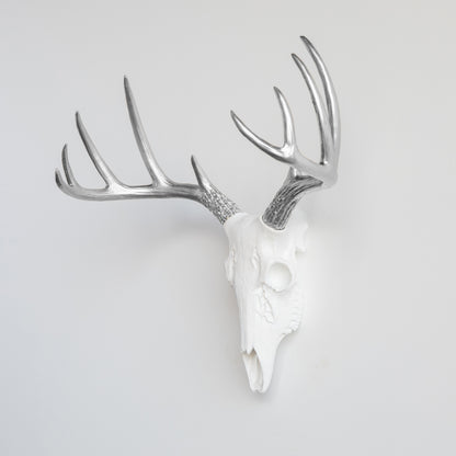Faux Small Deer Skull // White with Silver Antlers