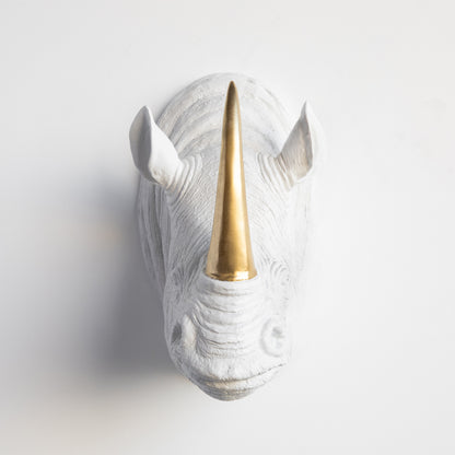 Faux Rhino Head Wall Mount // White with Gold Horn