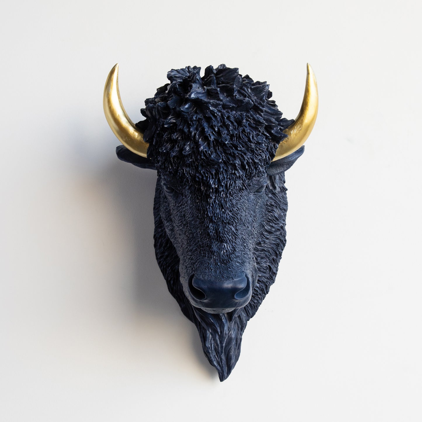 Faux Buffalo Bison Head Wall Mount // Navy Blue with Gold Horns