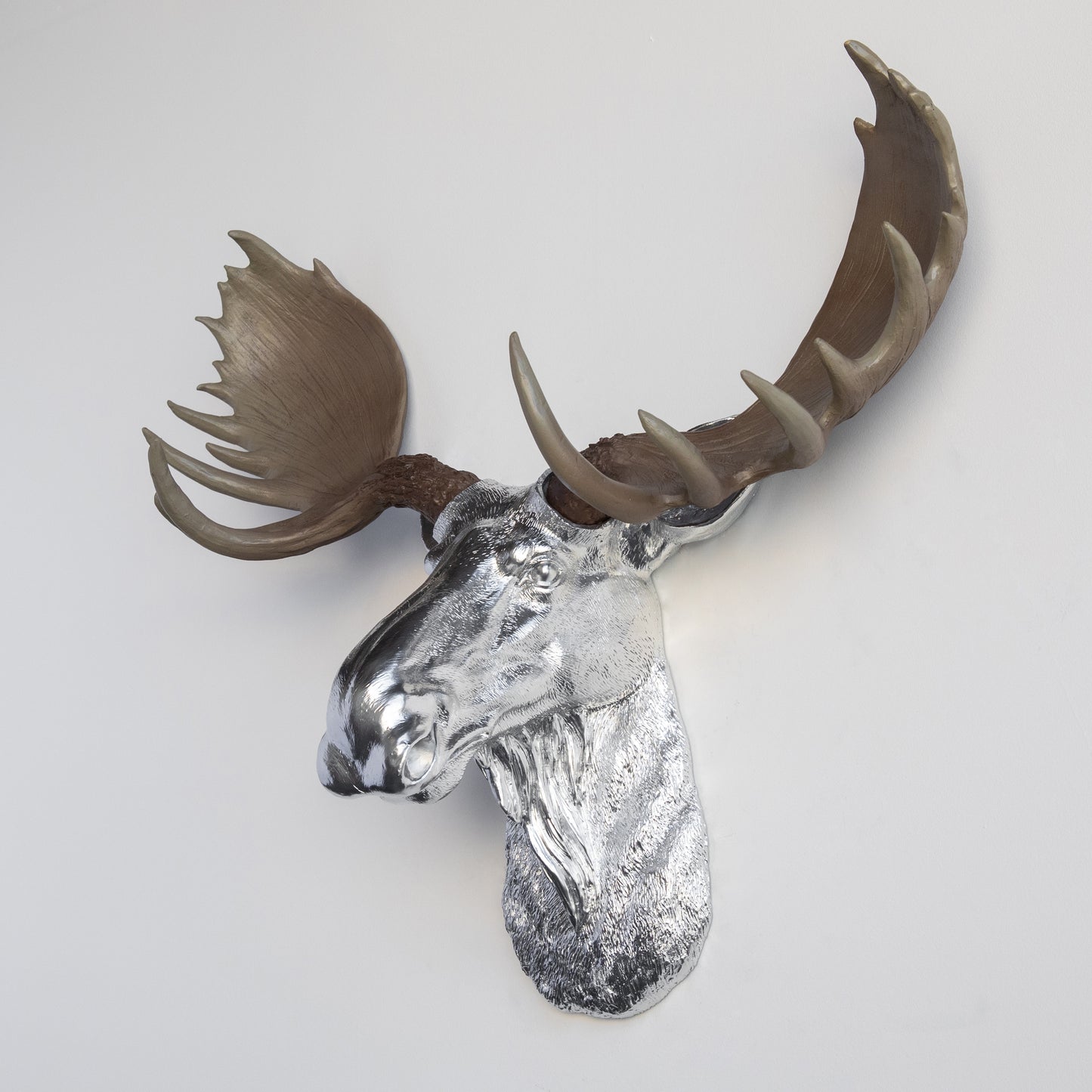 Faux Moose Head Wall Mount // Chrome with Natural Antlers