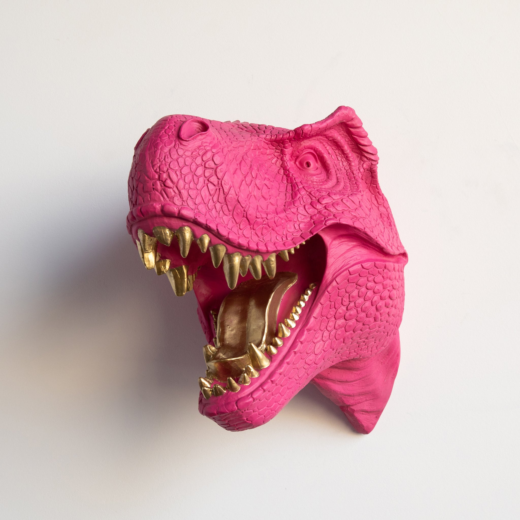 T-Rex Dinosaur Head Wall Mount // Hot Pink with Gold Teeth and Tongue