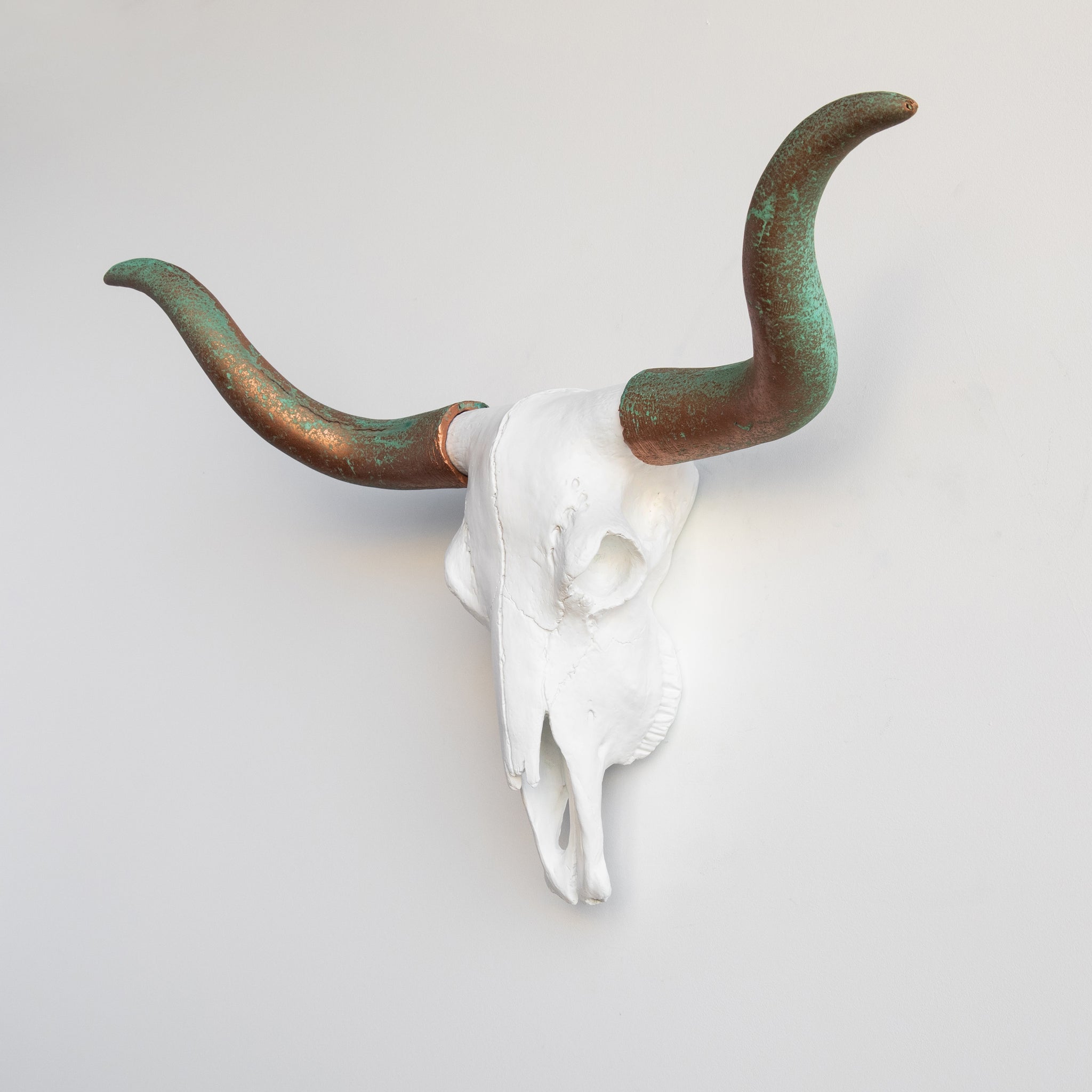 Faux Texas Longhorn Steer Skull Wall Mount // White and Copper Patina