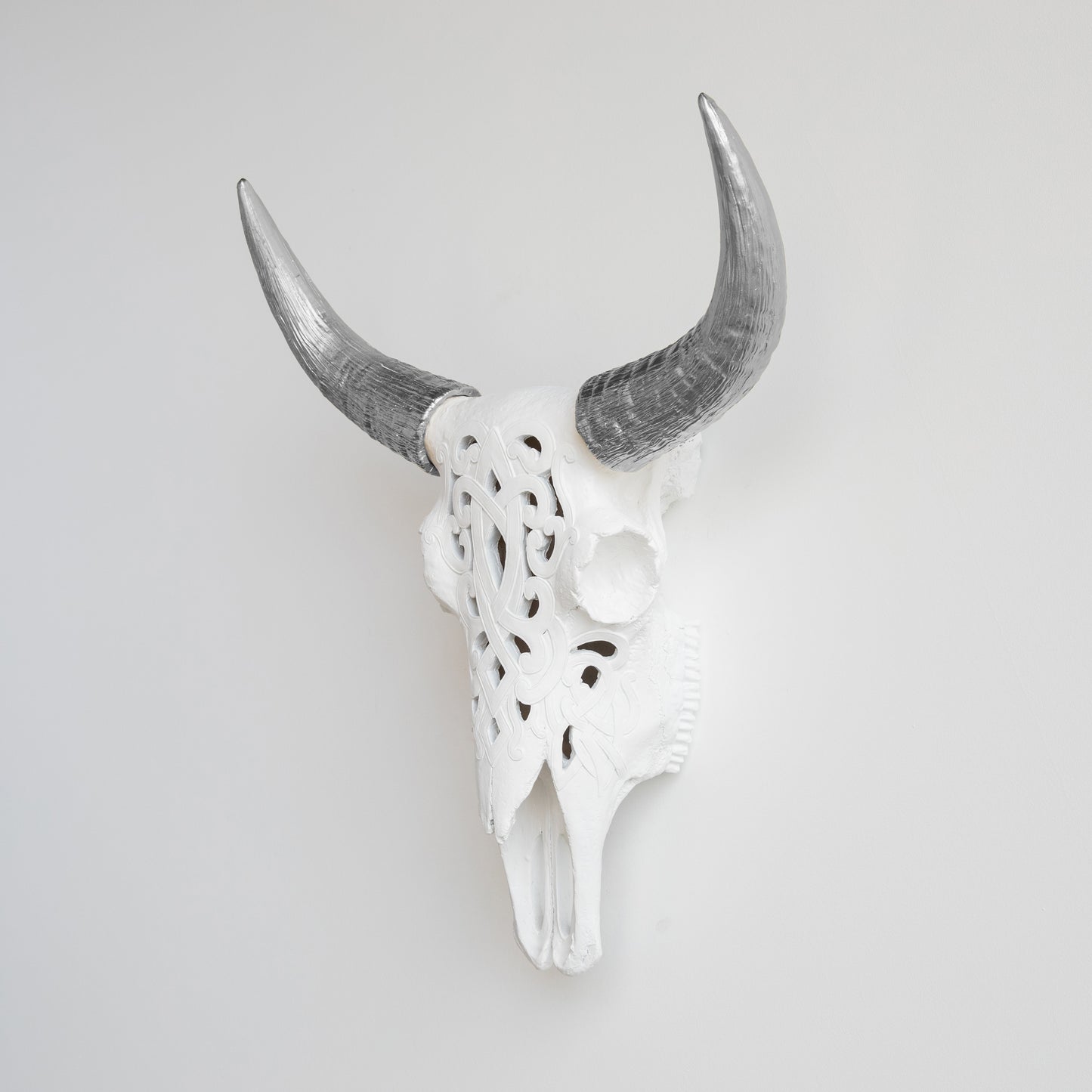 Faux Carved Cow Skull // White and Silver