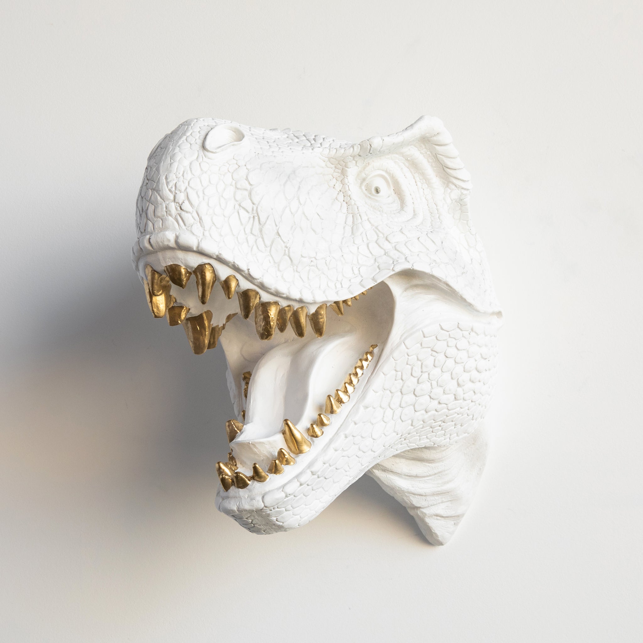 T-Rex Dinosaur Head Wall Mount // White with Gold Teeth