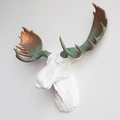 Faux Moose Head Wall Mount // White and Copper Patina