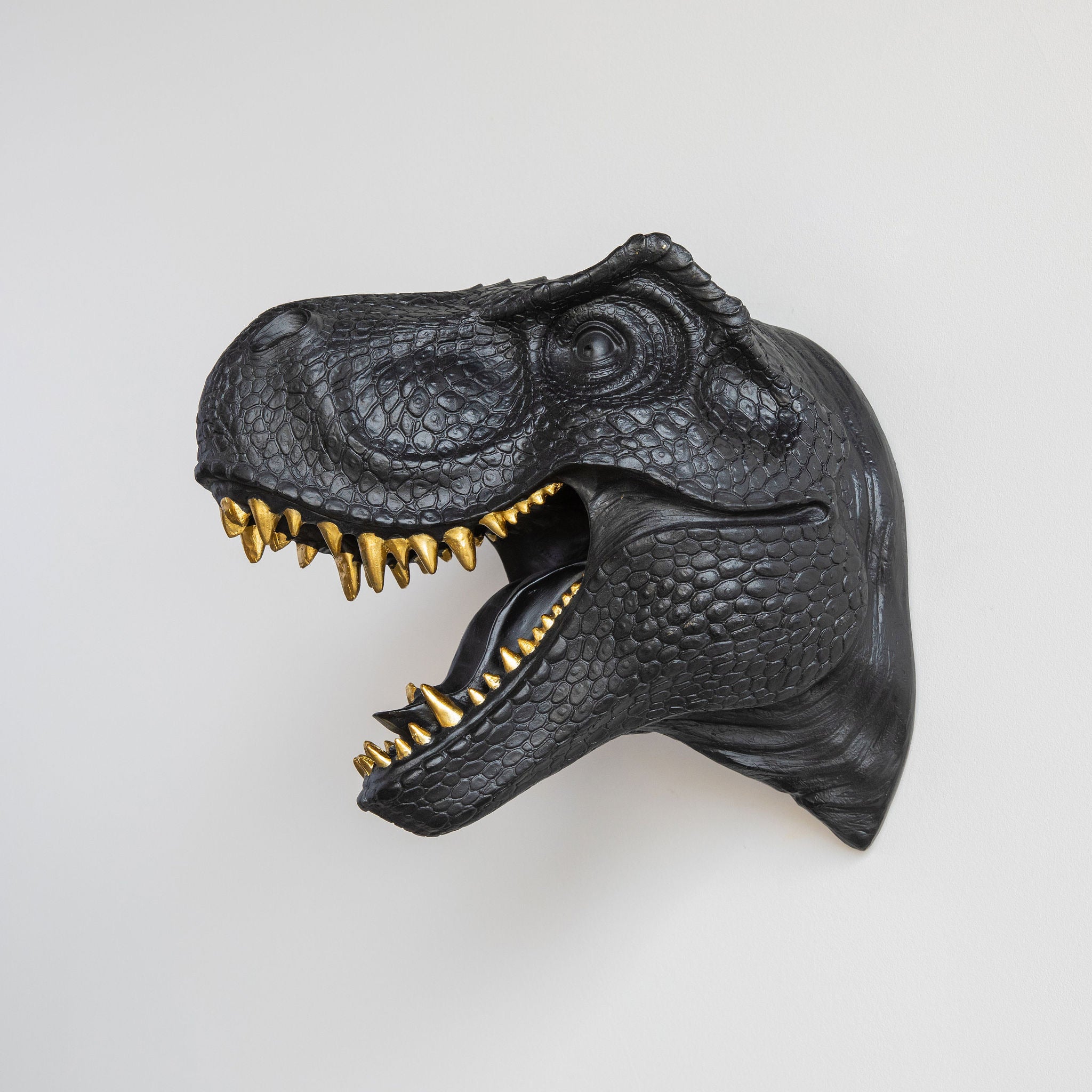 T-Rex Dinosaur Head Wall Mount // Black with Gold Teeth