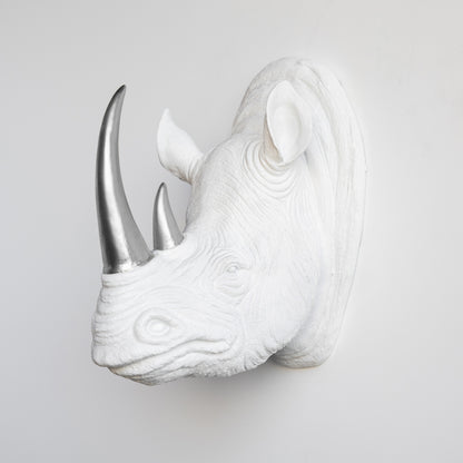 Faux Rhino Head Wall Mount // White with Silver Horn