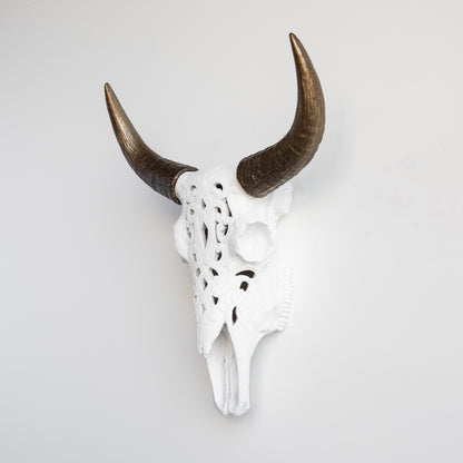 Faux Carved Cow Skull // White and Bronze