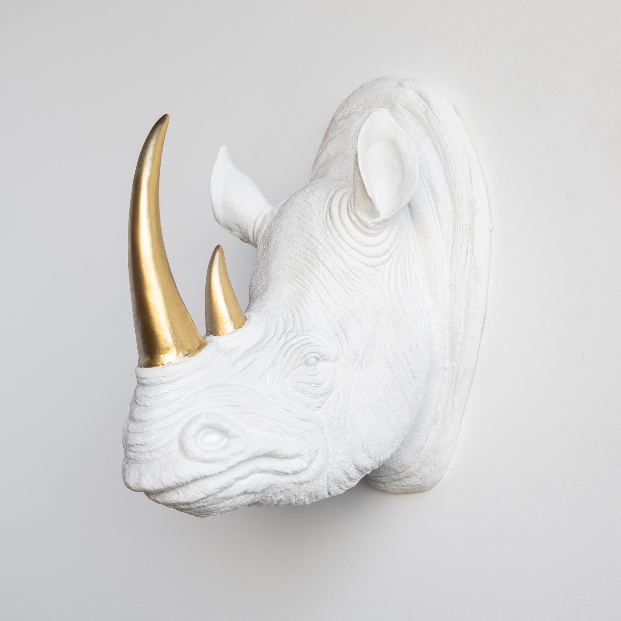 Faux Rhino Head Wall Mount // White with Gold Horn