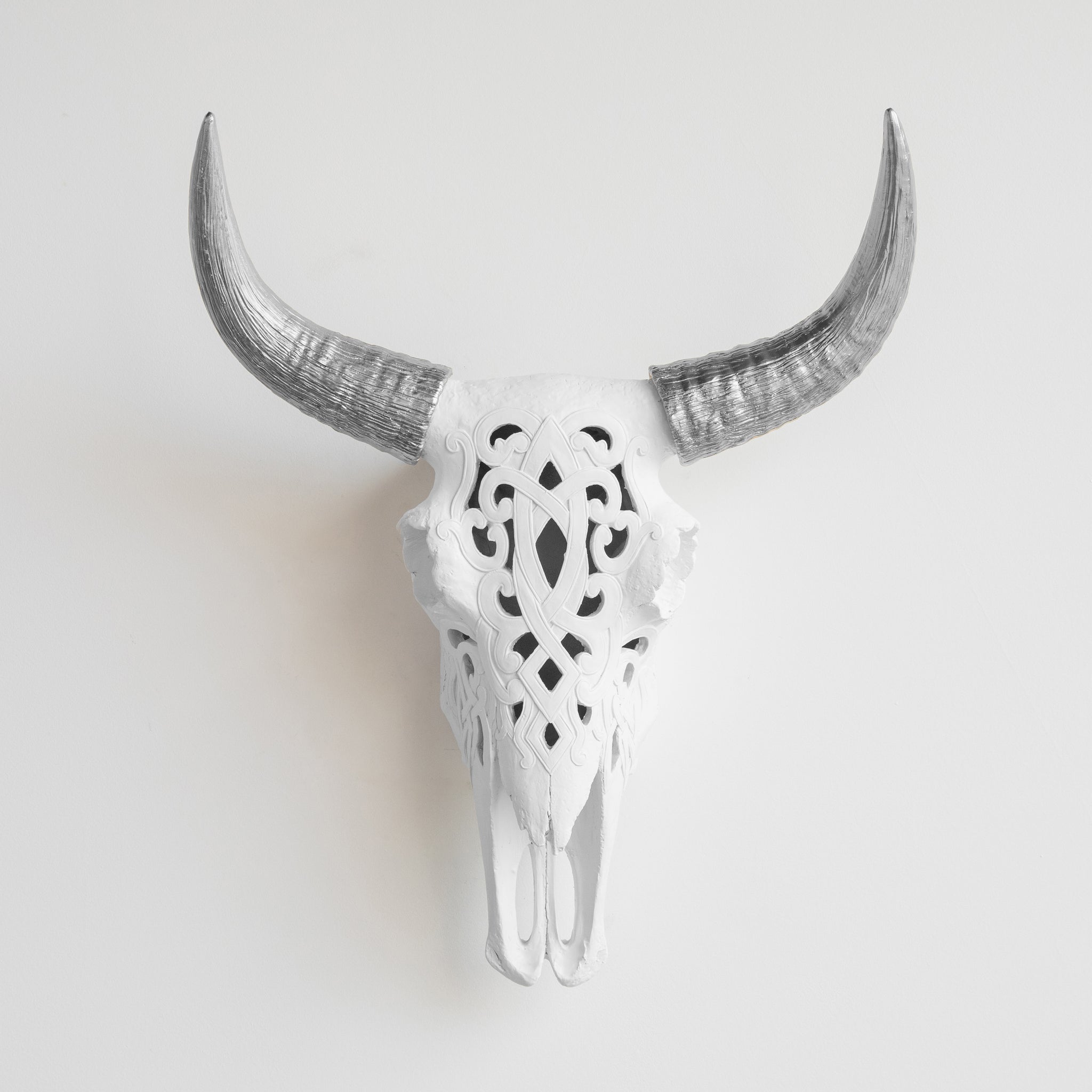 Faux Carved Cow Skull // White and Silver